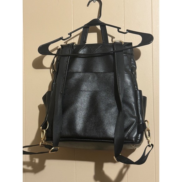 black faux leather diaper backpack resistant lining Leather Diaper Bag / Backpack
